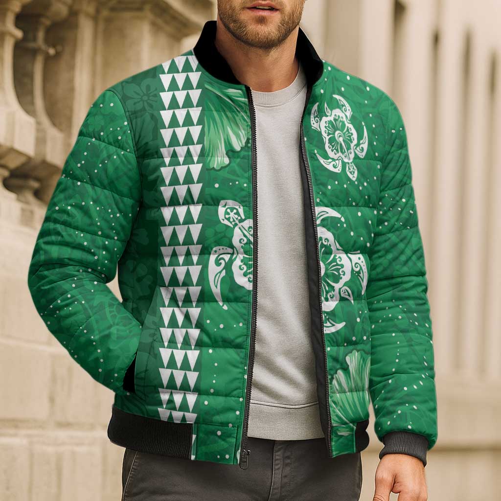 Green Hibiscus Turle Bomber Puffer Jacket Hawaiian Style Tribal Tapa Pattern LT9 - Polynesian Pride