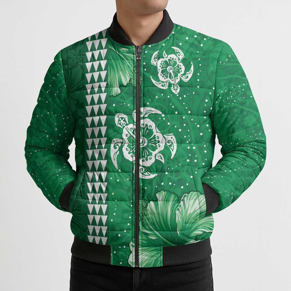 Green Hibiscus Turle Bomber Puffer Jacket Hawaiian Style Tribal Tapa Pattern LT9 - Polynesian Pride