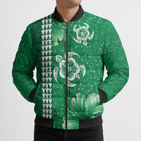 Green Hibiscus Turle Bomber Puffer Jacket Hawaiian Style Tribal Tapa Pattern LT9 - Polynesian Pride