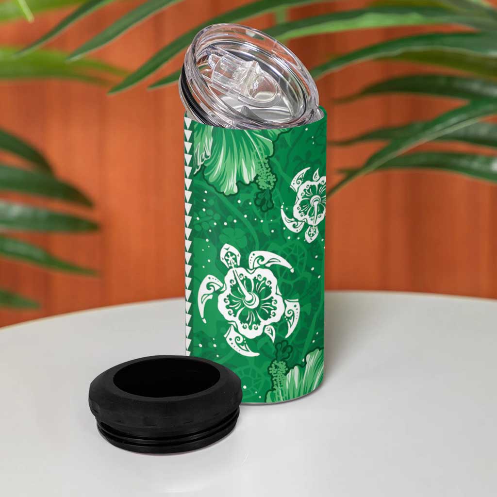 Green Hibiscus Turle 4 in 1 Can Cooler Tumbler Hawaiian Style Tribal Tapa Pattern LT9 - Polynesian Pride