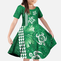 Green Hibiscus Turle Kid Short Sleeve Dress Hawaiian Style Tribal Tapa Pattern LT9 KID Green - Polynesian Pride