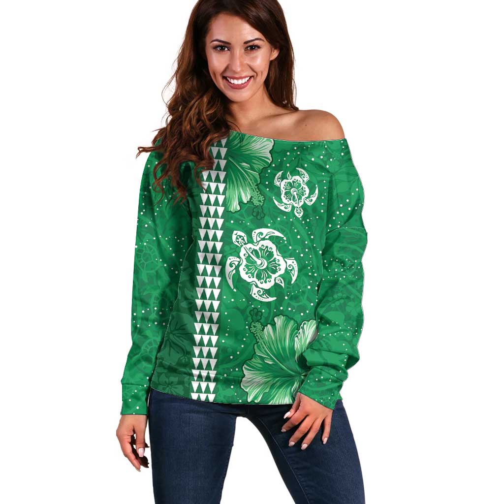 Green Hibiscus Turle Off Shoulder Sweater Hawaiian Style Tribal Tapa Pattern LT9 Women Green - Polynesian Pride
