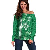 Green Hibiscus Turle Off Shoulder Sweater Hawaiian Style Tribal Tapa Pattern LT9 Women Green - Polynesian Pride