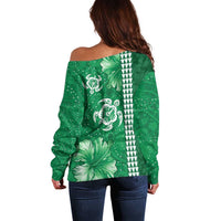 Green Hibiscus Turle Off Shoulder Sweater Hawaiian Style Tribal Tapa Pattern LT9 - Polynesian Pride