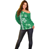 Green Hibiscus Turle Off Shoulder Sweater Hawaiian Style Tribal Tapa Pattern LT9 - Polynesian Pride