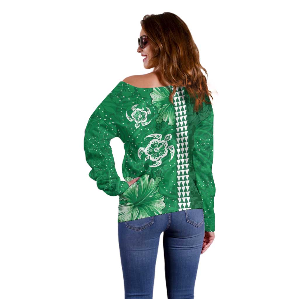Green Hibiscus Turle Off Shoulder Sweater Hawaiian Style Tribal Tapa Pattern LT9 - Polynesian Pride