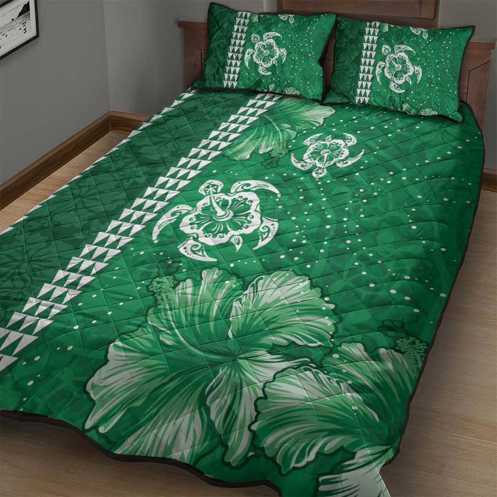Green Hibiscus Turle Quilt Bed Set Hawaiian Style Tribal Tapa Pattern LT9 - Polynesian Pride