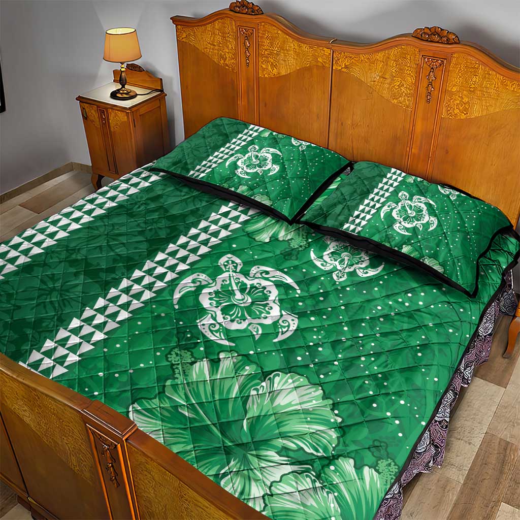 Green Hibiscus Turle Quilt Bed Set Hawaiian Style Tribal Tapa Pattern LT9 - Polynesian Pride
