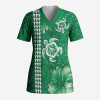 Green Hibiscus Turle Scrub Top Hawaiian Style Tribal Tapa Pattern LT9 Adult Green - Polynesian Pride