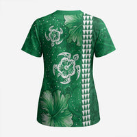 Green Hibiscus Turle Scrub Top Hawaiian Style Tribal Tapa Pattern LT9 - Polynesian Pride