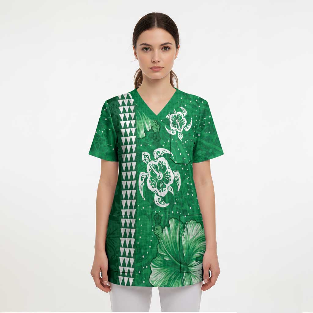 Green Hibiscus Turle Scrub Top Hawaiian Style Tribal Tapa Pattern LT9 - Polynesian Pride