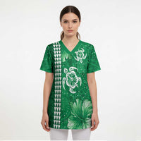 Green Hibiscus Turle Scrub Top Hawaiian Style Tribal Tapa Pattern LT9 - Polynesian Pride