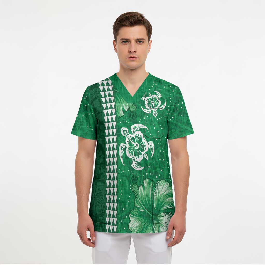 Green Hibiscus Turle Scrub Top Hawaiian Style Tribal Tapa Pattern LT9 - Polynesian Pride