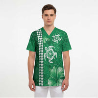 Green Hibiscus Turle Scrub Top Hawaiian Style Tribal Tapa Pattern LT9 - Polynesian Pride