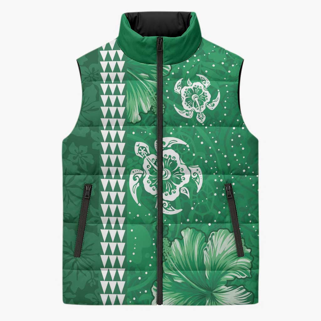 Green Hibiscus Turle Sleeveless Puffer Jacket Hawaiian Style Tribal Tapa Pattern LT9 Unisex Green - Polynesian Pride