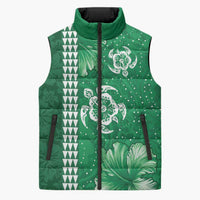 Green Hibiscus Turle Sleeveless Puffer Jacket Hawaiian Style Tribal Tapa Pattern LT9 Unisex Green - Polynesian Pride
