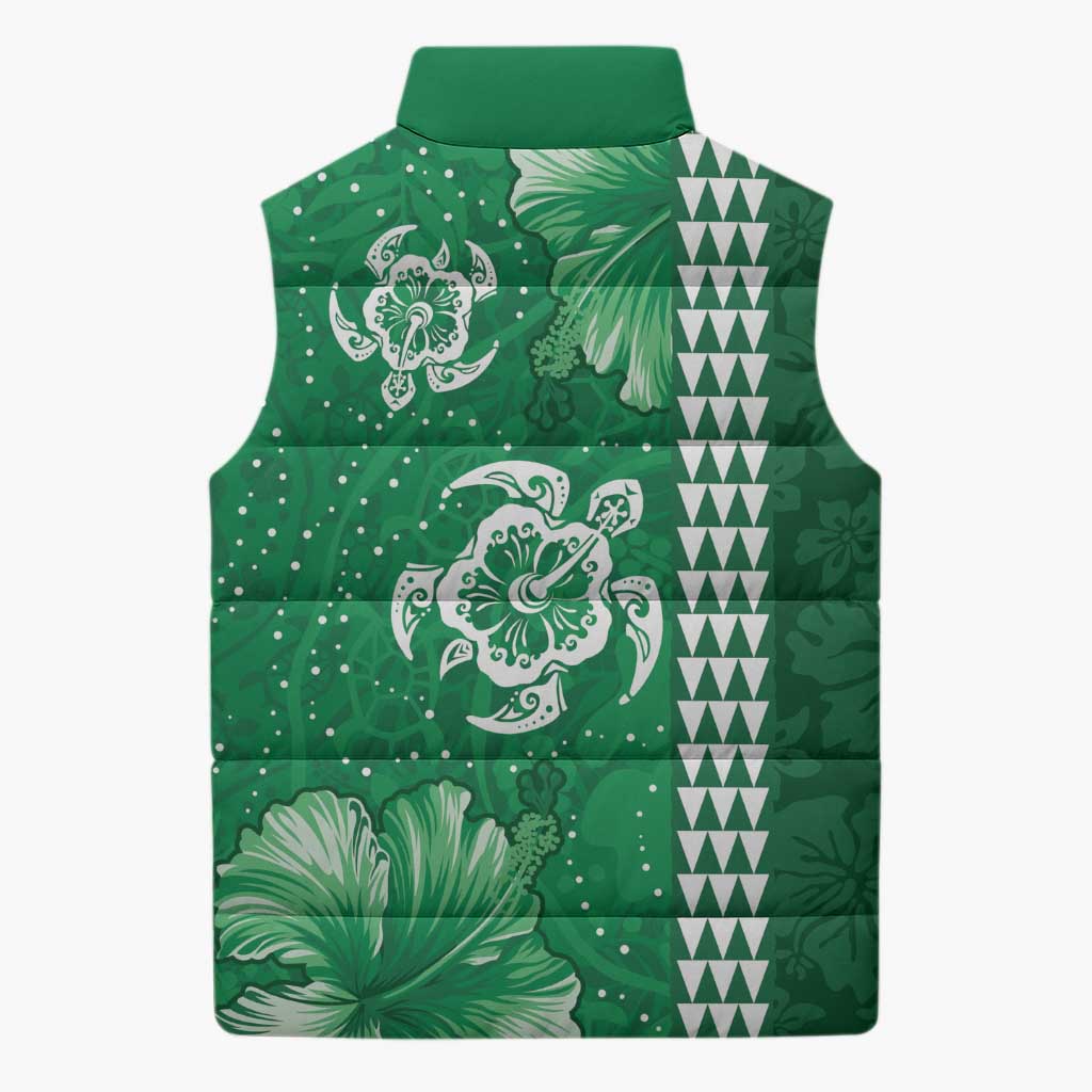 Green Hibiscus Turle Sleeveless Puffer Jacket Hawaiian Style Tribal Tapa Pattern LT9 - Polynesian Pride