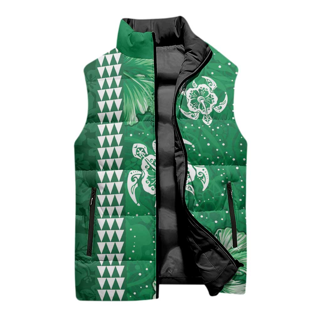 Green Hibiscus Turle Sleeveless Puffer Jacket Hawaiian Style Tribal Tapa Pattern LT9 - Polynesian Pride