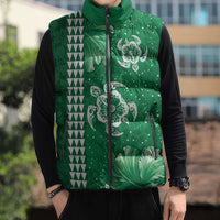 Green Hibiscus Turle Sleeveless Puffer Jacket Hawaiian Style Tribal Tapa Pattern LT9 - Polynesian Pride