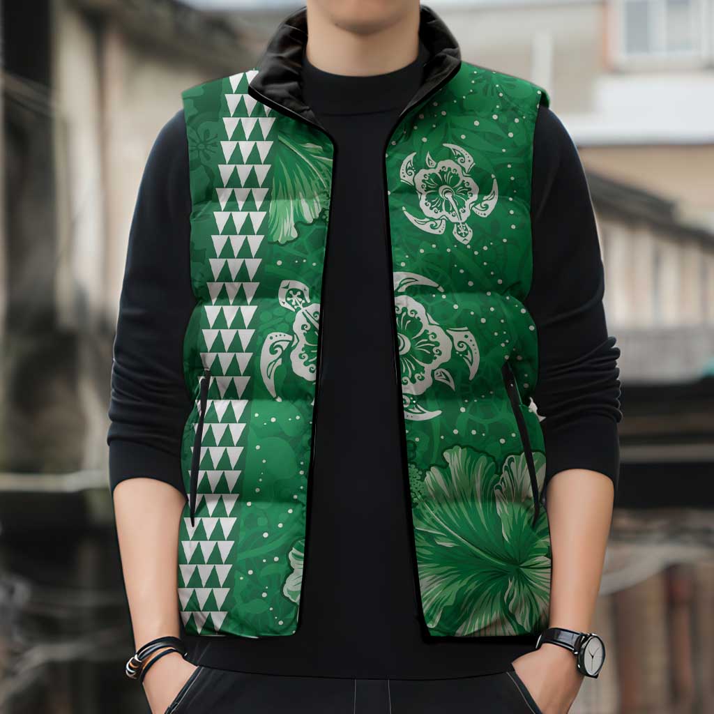 Green Hibiscus Turle Sleeveless Puffer Jacket Hawaiian Style Tribal Tapa Pattern LT9 - Polynesian Pride