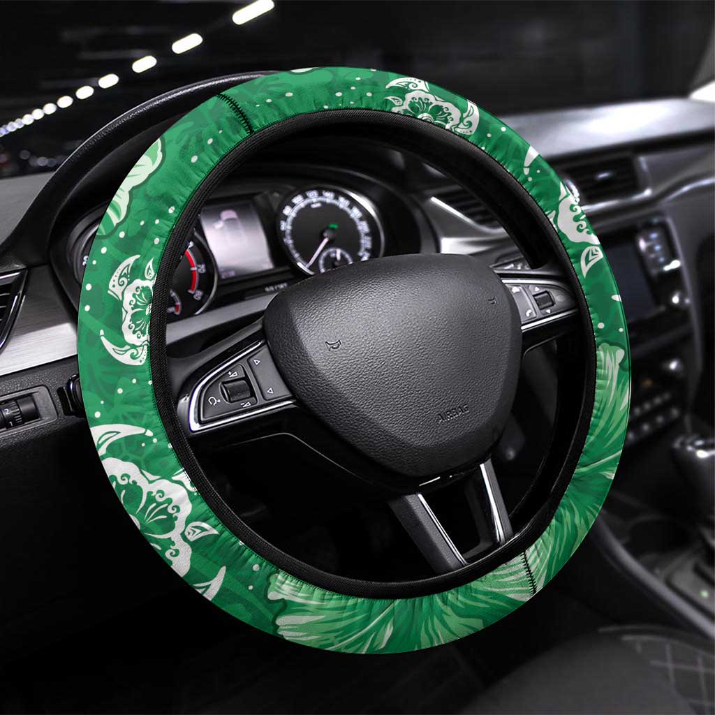 Green Hibiscus Turle Steering Wheel Cover Hawaiian Style Tribal Tapa Pattern LT9 Universal Fit Green - Polynesian Pride