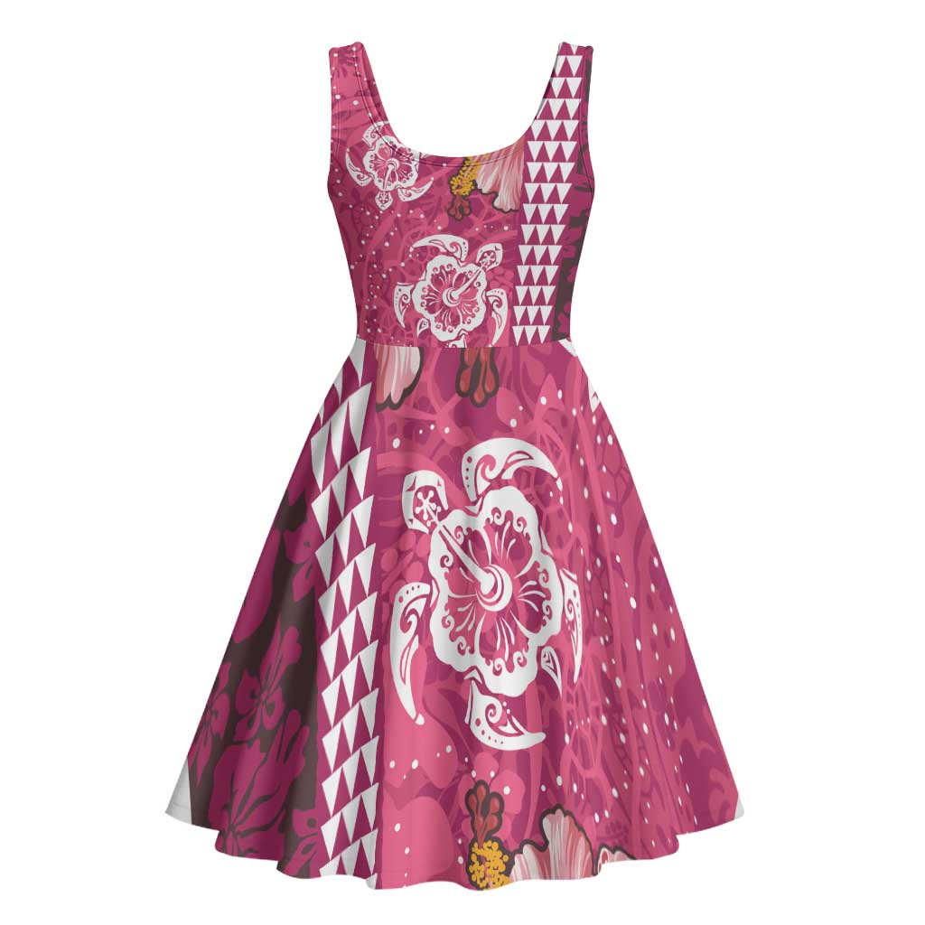 Pink Hibiscus Turle Midi Dress Hawaiian Style Tribal Tapa Pattern LT9 - Polynesian Pride