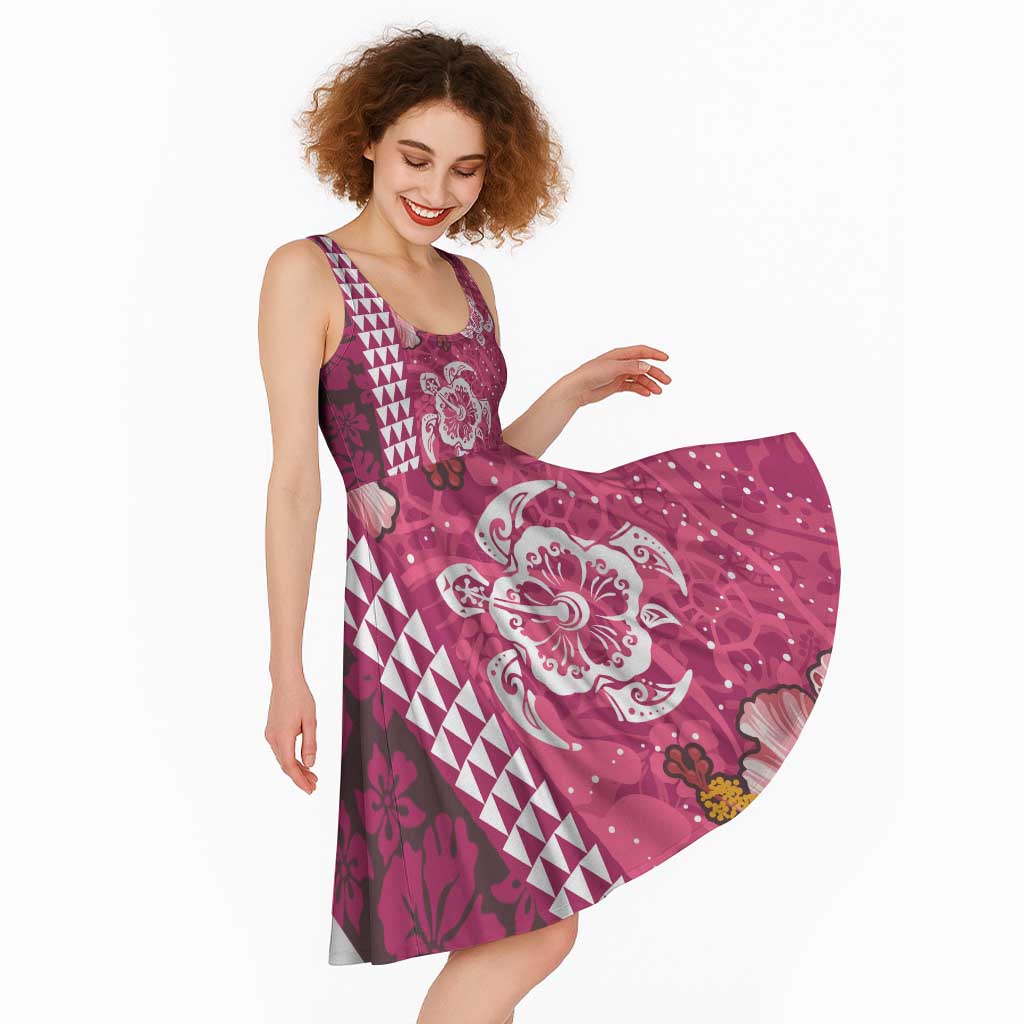 Pink Hibiscus Turle Midi Dress Hawaiian Style Tribal Tapa Pattern LT9 - Polynesian Pride
