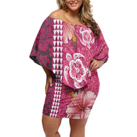 Pink Hibiscus Turle Off Shoulder Short Dress Hawaiian Style Tribal Tapa Pattern LT9 Women Pink - Polynesian Pride