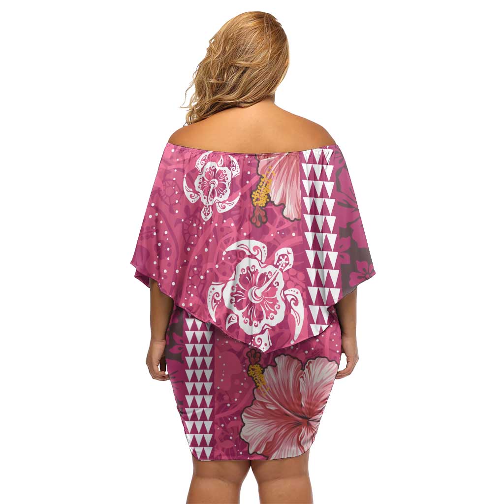Pink Hibiscus Turle Off Shoulder Short Dress Hawaiian Style Tribal Tapa Pattern LT9 - Polynesian Pride