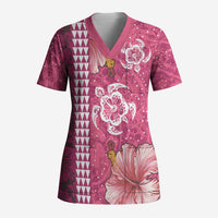 Pink Hibiscus Turle Scrub Top Hawaiian Style Tribal Tapa Pattern LT9 Adult Pink - Polynesian Pride
