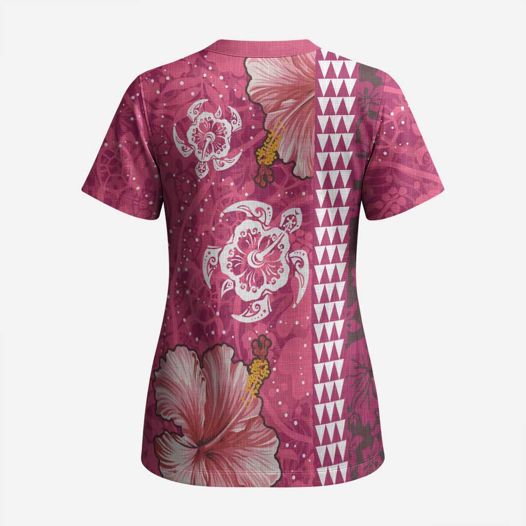 Pink Hibiscus Turle Scrub Top Hawaiian Style Tribal Tapa Pattern LT9 - Polynesian Pride