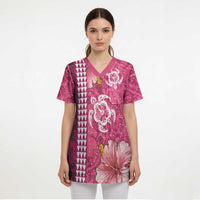 Pink Hibiscus Turle Scrub Top Hawaiian Style Tribal Tapa Pattern LT9 - Polynesian Pride