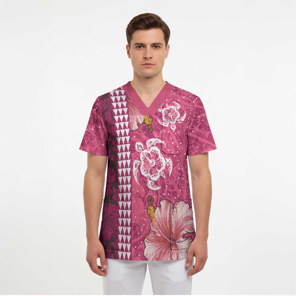 Pink Hibiscus Turle Scrub Top Hawaiian Style Tribal Tapa Pattern LT9 - Polynesian Pride