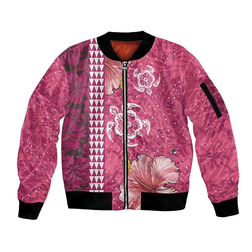 Pink Hibiscus Turle Sleeve Zip Bomber Jacket Hawaiian Style Tribal Tapa Pattern LT9 Unisex Pink - Polynesian Pride