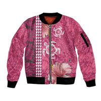 Pink Hibiscus Turle Sleeve Zip Bomber Jacket Hawaiian Style Tribal Tapa Pattern LT9 Unisex Pink - Polynesian Pride
