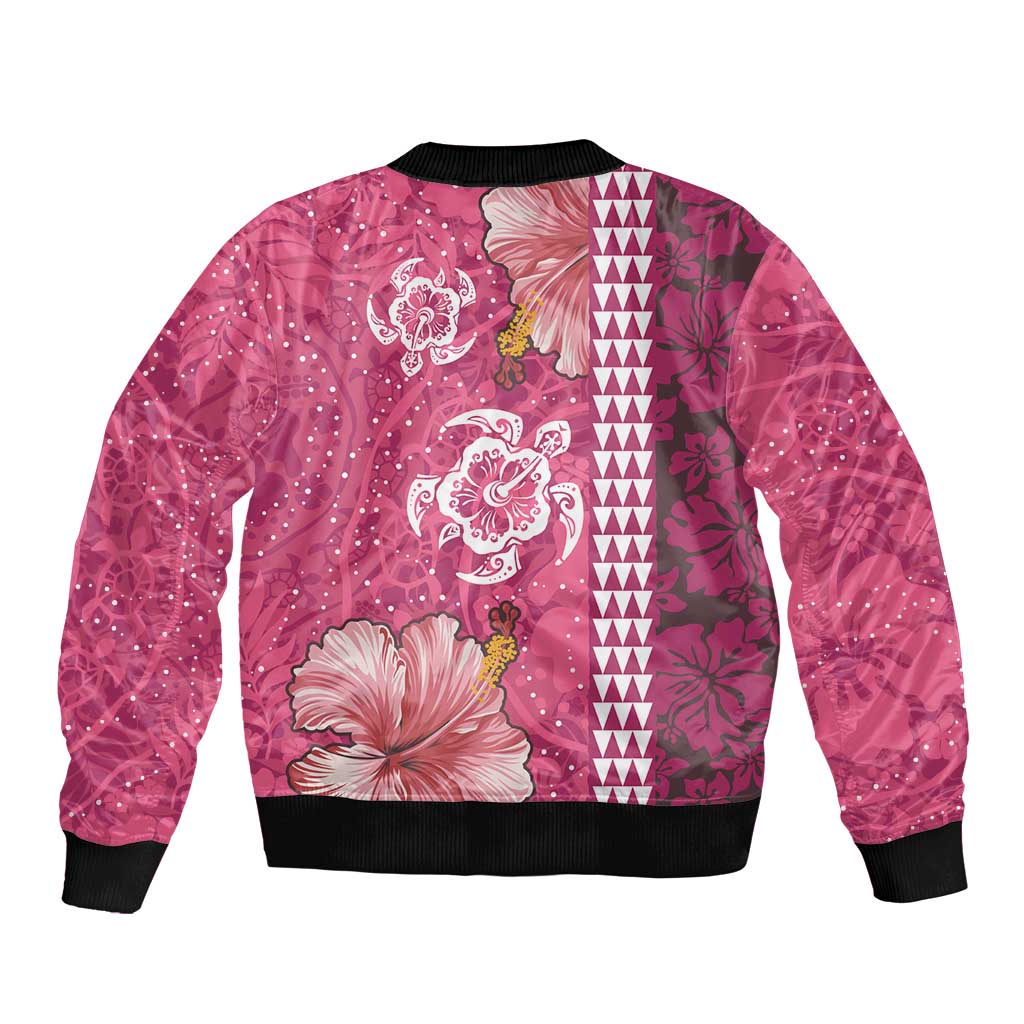Pink Hibiscus Turle Sleeve Zip Bomber Jacket Hawaiian Style Tribal Tapa Pattern LT9 - Polynesian Pride