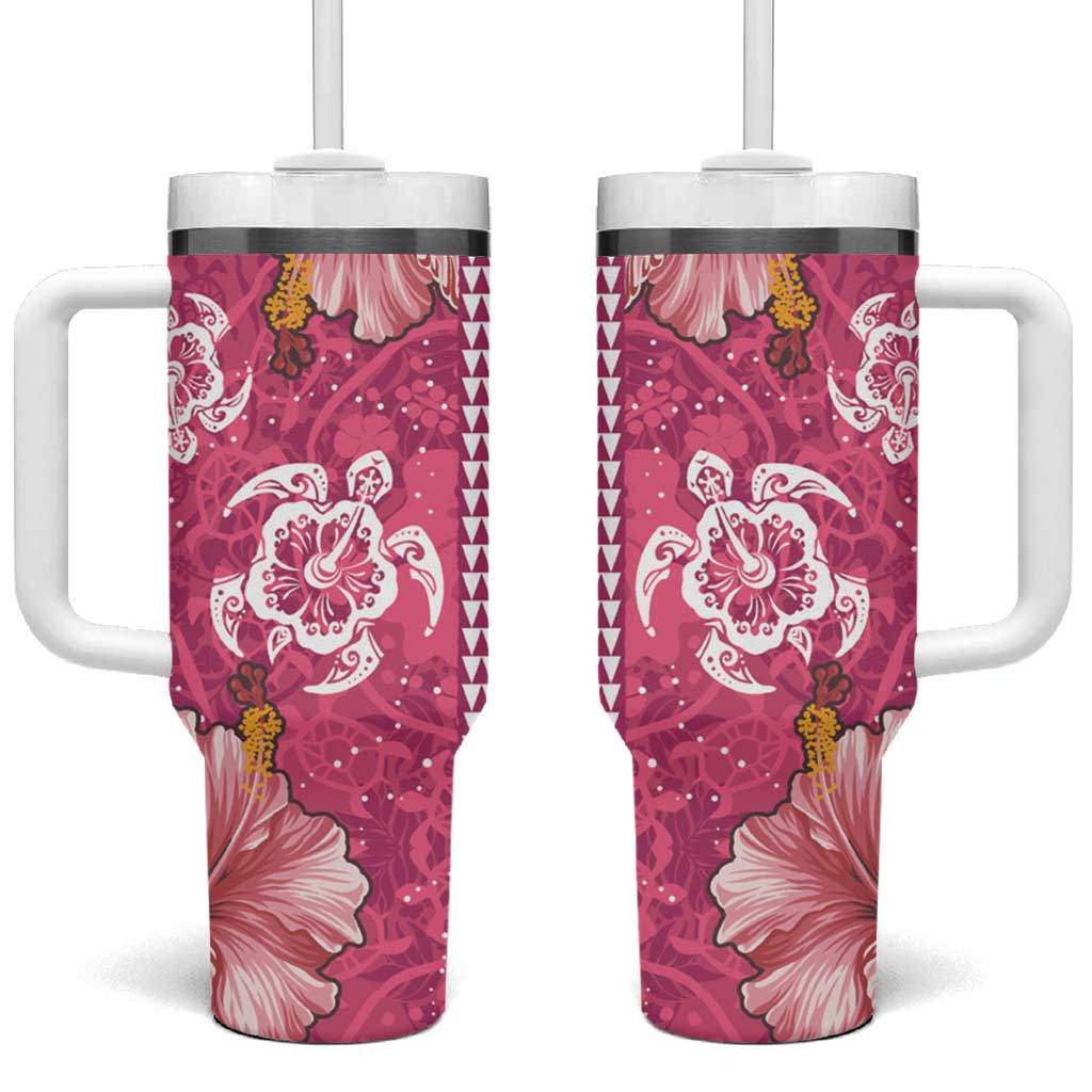 Pink Hibiscus Turle Tumbler With Handle Hawaiian Style Tribal Tapa Pattern LT9 One Size: 40 oz Pink - Polynesian Pride