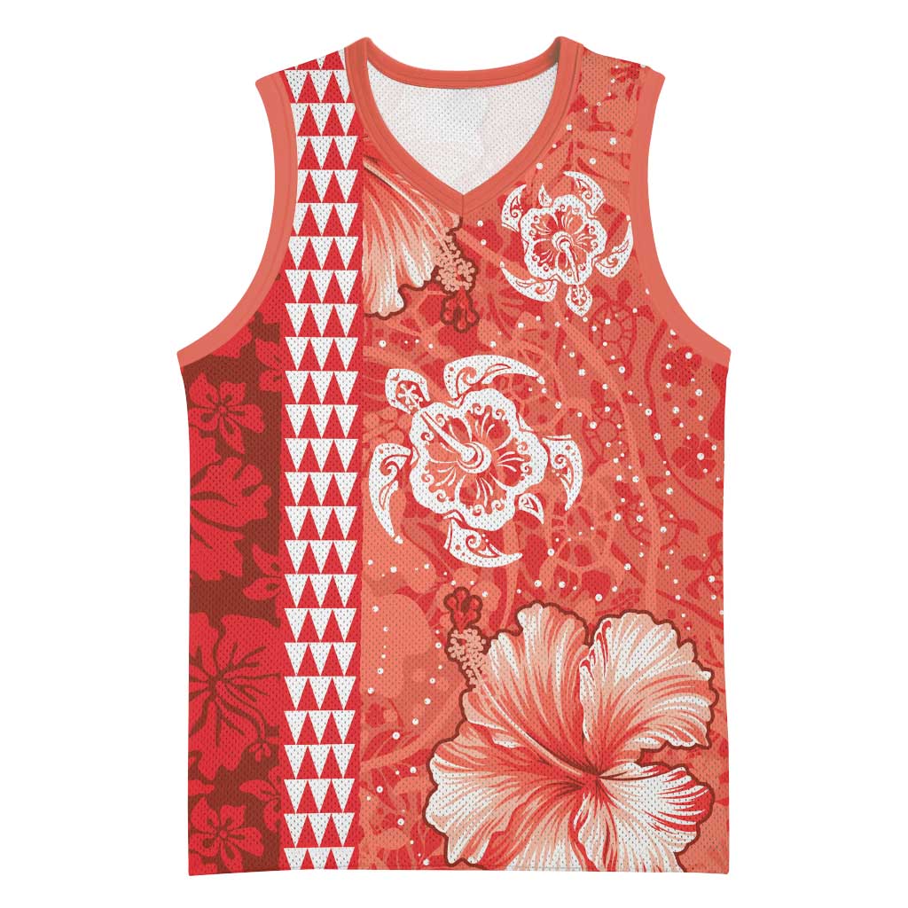 Red Hibiscus Turle Basketball Jersey Hawaiian Style Tribal Tapa Pattern LT9 Unisex Red - Polynesian Pride