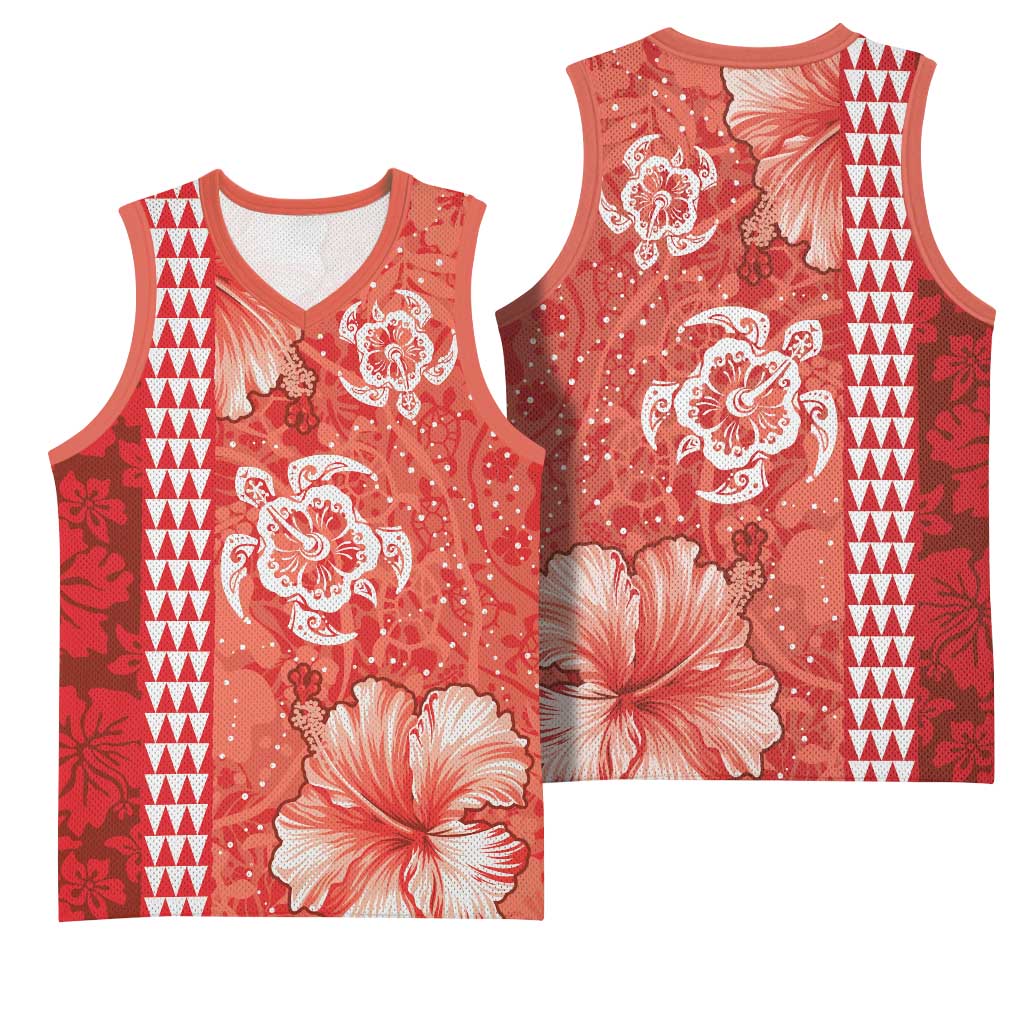Red Hibiscus Turle Basketball Jersey Hawaiian Style Tribal Tapa Pattern LT9 - Polynesian Pride