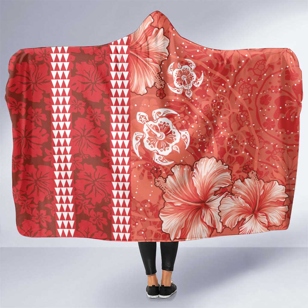 Red Hibiscus Turle Hooded Blanket Hawaiian Style Tribal Tapa Pattern LT9 One Size Red - Polynesian Pride