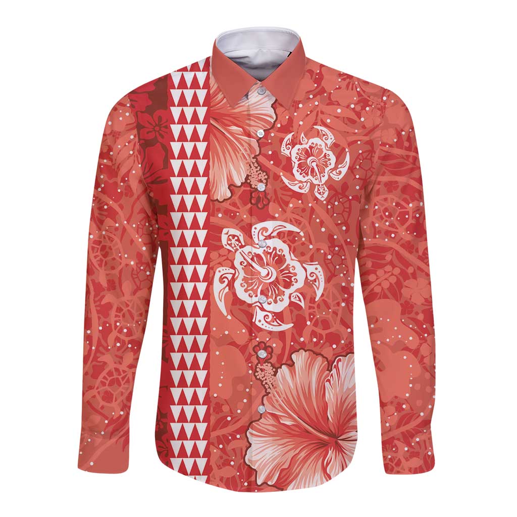 Red Hibiscus Turle Long Sleeve Button Shirt Hawaiian Style Tribal Tapa Pattern LT9 Unisex Red - Polynesian Pride