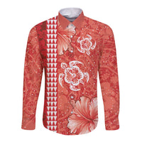 Red Hibiscus Turle Long Sleeve Button Shirt Hawaiian Style Tribal Tapa Pattern LT9 Unisex Red - Polynesian Pride