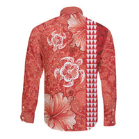 Red Hibiscus Turle Long Sleeve Button Shirt Hawaiian Style Tribal Tapa Pattern LT9 - Polynesian Pride