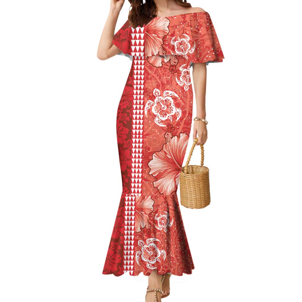 Red Hibiscus Turle Mermaid Dress Hawaiian Style Tribal Tapa Pattern LT9 Women Red - Polynesian Pride