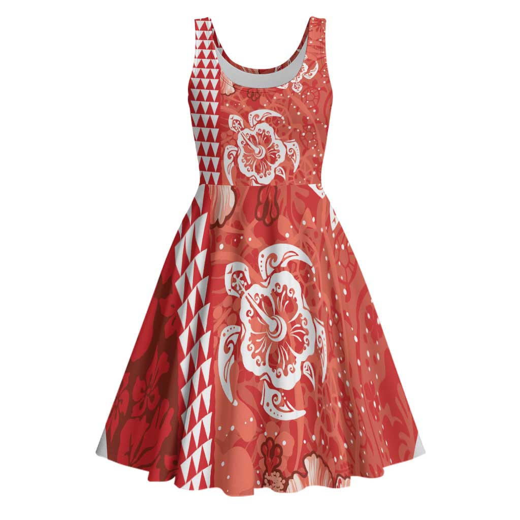 Red Hibiscus Turle Midi Dress Hawaiian Style Tribal Tapa Pattern LT9 Red - Polynesian Pride