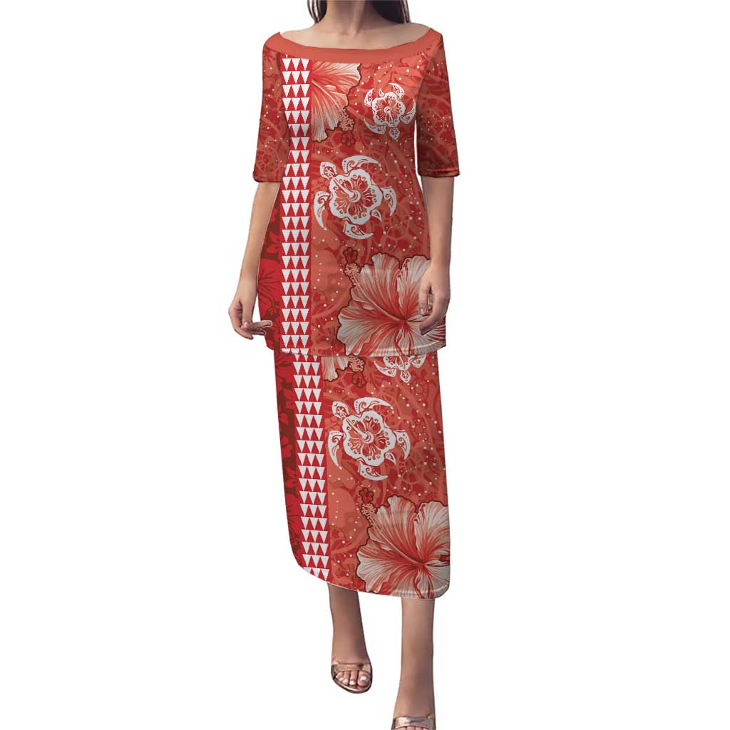 Red Hibiscus Turle Puletasi Hawaiian Style Tribal Tapa Pattern LT9 Long Dress Red - Polynesian Pride