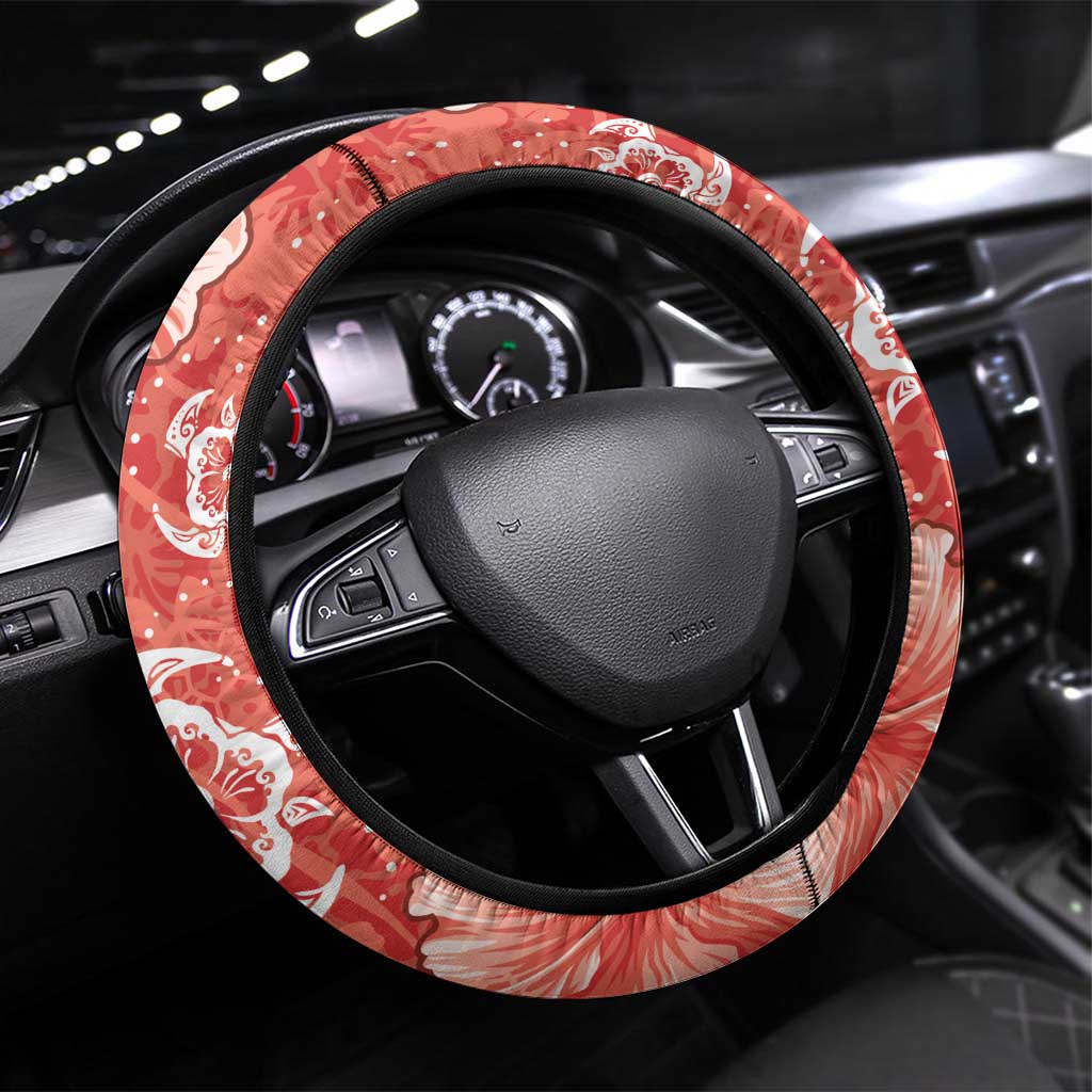 Red Hibiscus Turle Steering Wheel Cover Hawaiian Style Tribal Tapa Pattern LT9 Universal Fit Red - Polynesian Pride