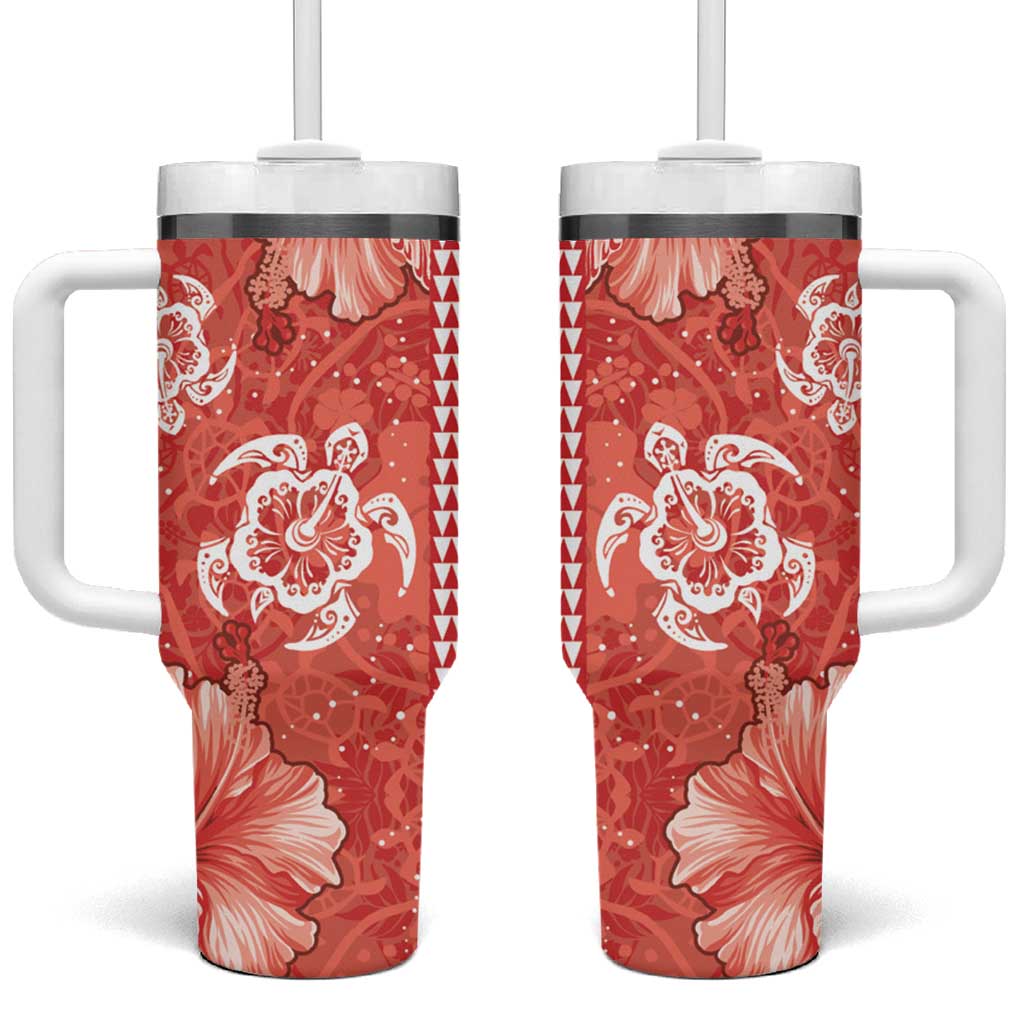 Red Hibiscus Turle Tumbler With Handle Hawaiian Style Tribal Tapa Pattern LT9 One Size: 40 oz Red - Polynesian Pride