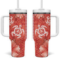 Red Hibiscus Turle Tumbler With Handle Hawaiian Style Tribal Tapa Pattern LT9 One Size: 40 oz Red - Polynesian Pride