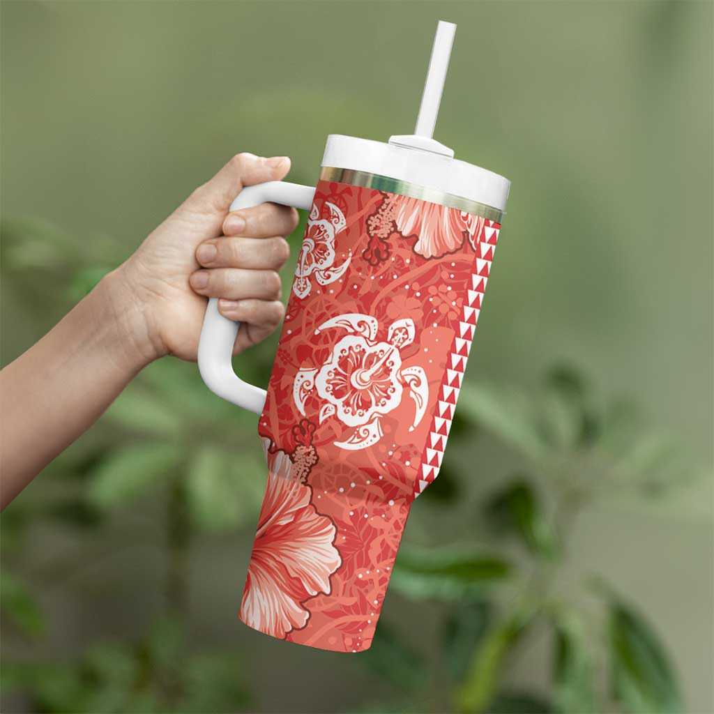 Red Hibiscus Turle Tumbler With Handle Hawaiian Style Tribal Tapa Pattern LT9 - Polynesian Pride